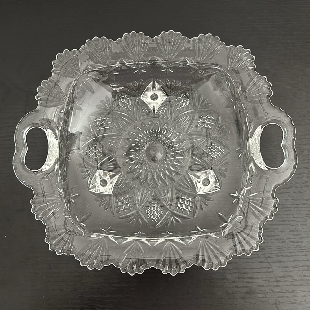 Pasari Indonesia VTG Heavy Pressed Glass Three Foot Open Handle Serving Dish
